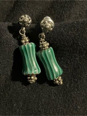 Green Glass Drop Earrings with Sterling Silver Accents